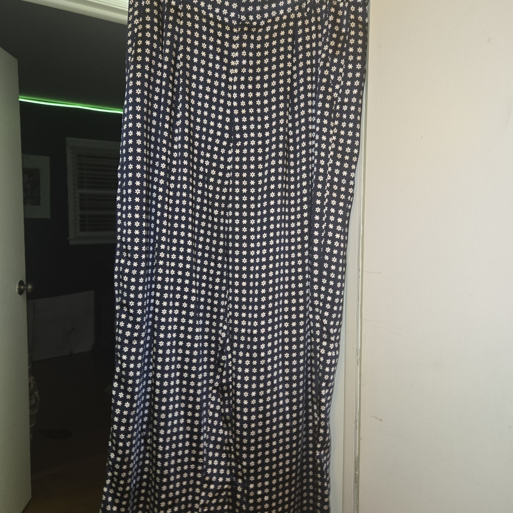 Navy Blue and White Satin Wide-leg Trousers